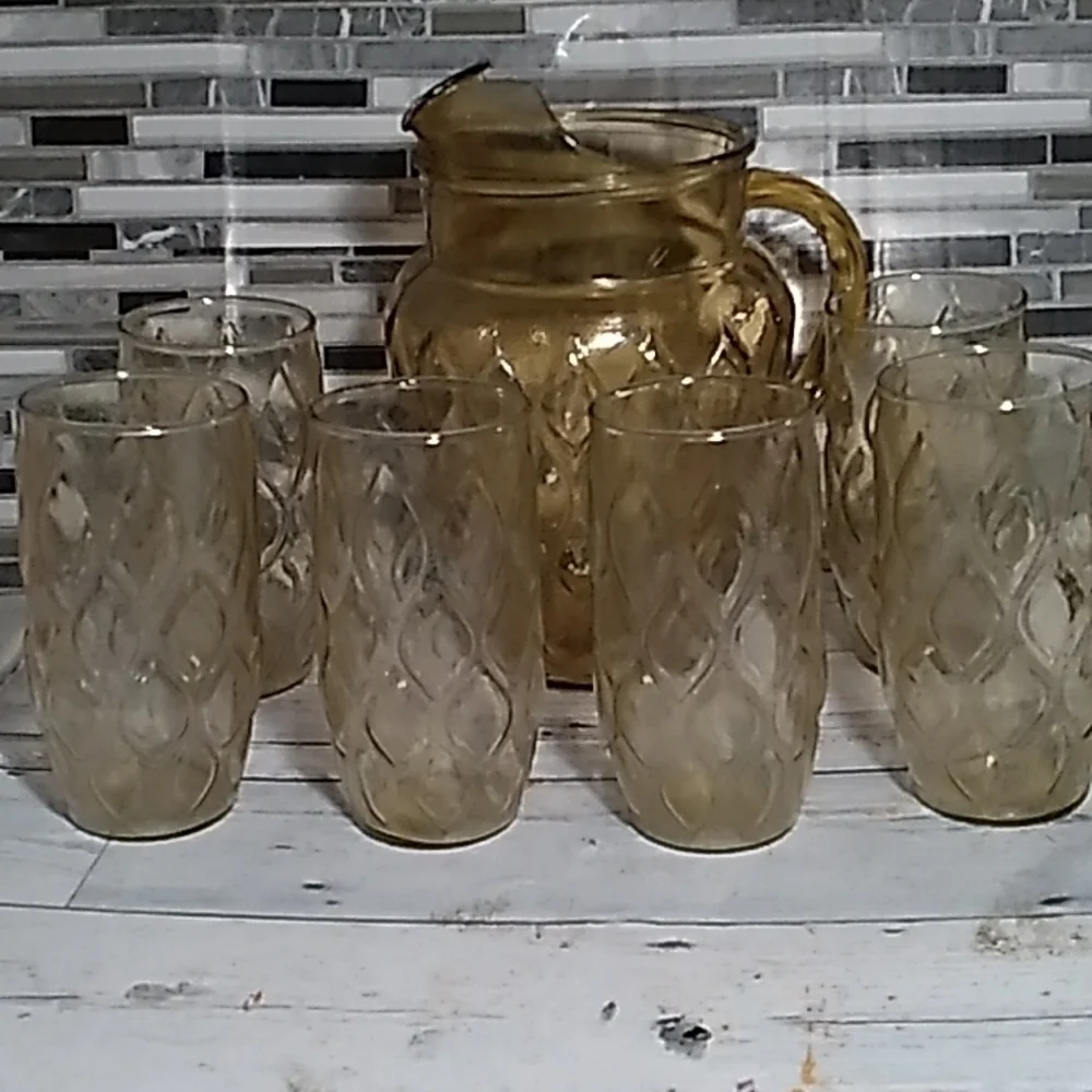 Vintage amber glass pitcher glasses set